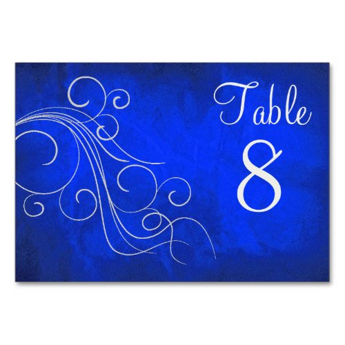Bright Blue Elegant Silver Swirl Table Number