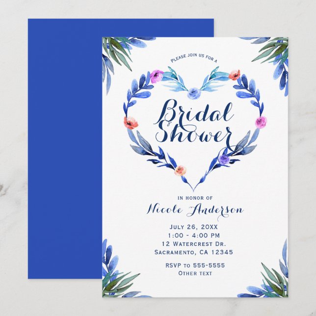 Bright Blue Floral Heart Botanical Watercolor Invitation (Front/Back)