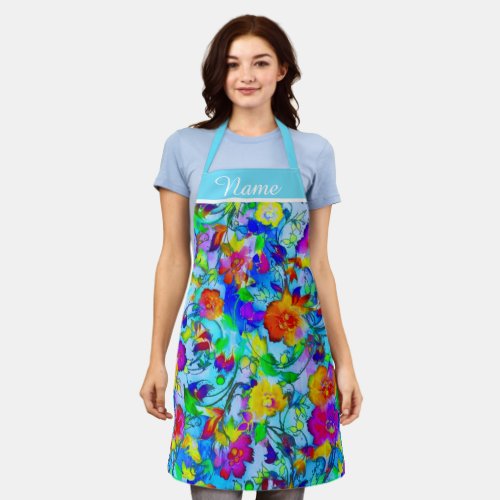 Bright blue floral personalized apron