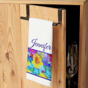 Bright blue floral personalized kitchen towel
