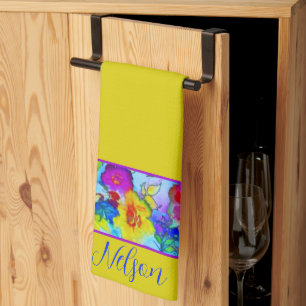 Bright blue floral personalized kitchen towel