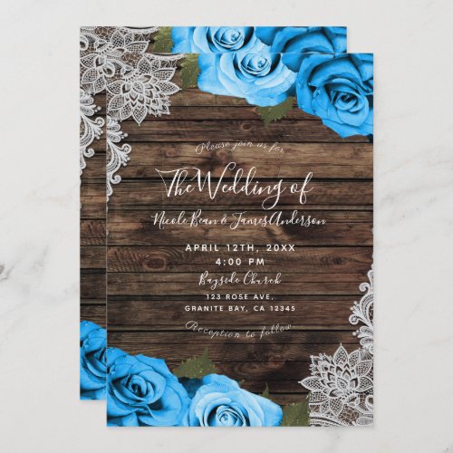 Bright Blue Floral Roses Rustic Wood Lace Wedding Invitation