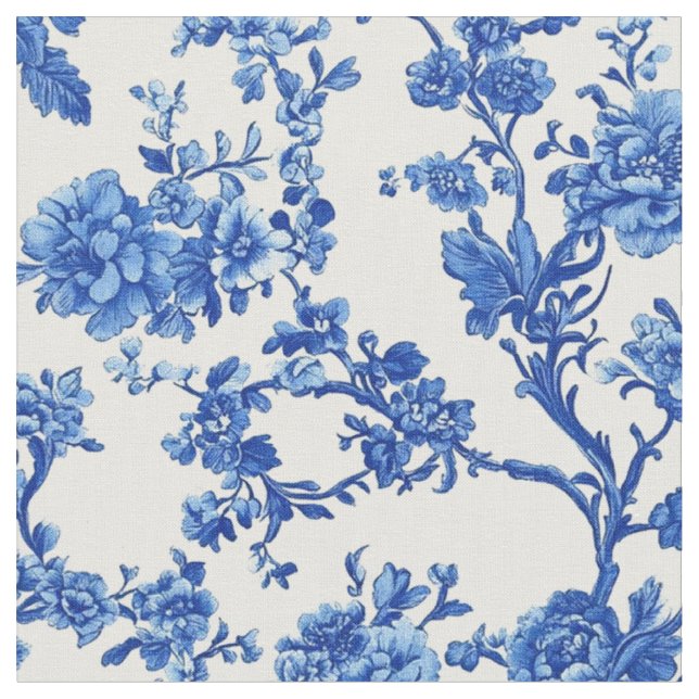 Bright Blue Floral Toile Pattern Fabric (Close Up)