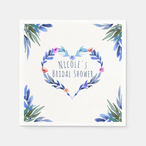 Bright Blue Floral Watercolor Heart Glam Elegant Paper Napkins