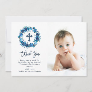 Bright Blue Floral with Cross Baptism Photo Thank You Card