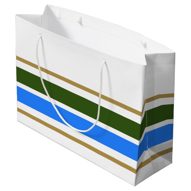 Bright Blue Forest Green Racing Stripes On White Large Gift Bag (Back Angled)