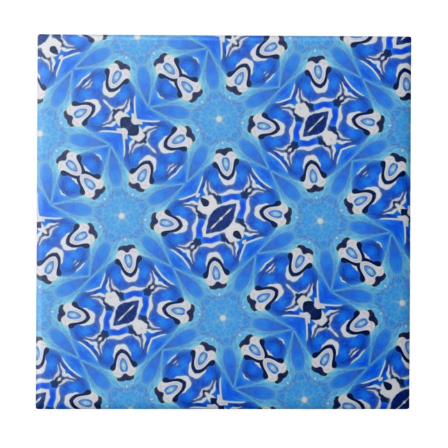 Bright blue geometric stars white  ceramic tile (Front)