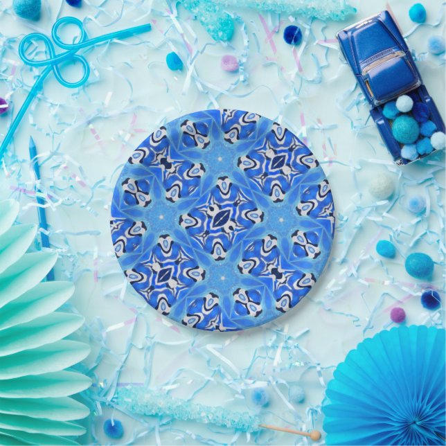 Bright blue geometric stars white  paper plates (Party)