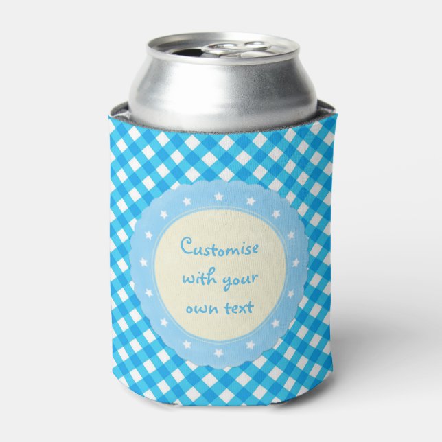 Bright Blue Gingham Custom Text Can Cooler (Can Front)