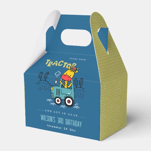 Bright Blue Giraffe In Farm Tractor Boys Birthday Favor Boxes (Front Side)