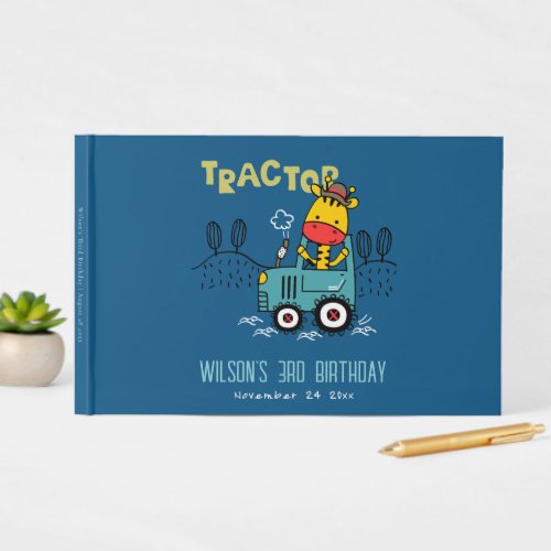 Bright Blue Giraffe In Farm Tractor Boys Birthday Guest Book