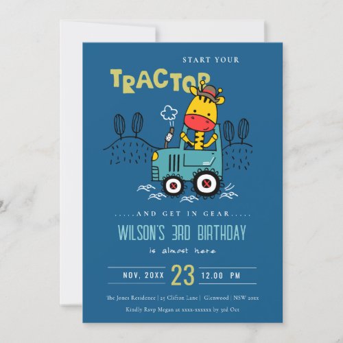 Bright Blue Giraffe In Farm Tractor Boys Birthday Invitation