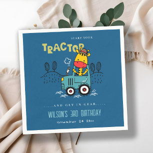 Bright Blue Giraffe In Farm Tractor Boys Birthday Napkins
