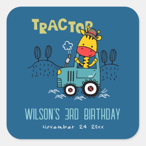 Bright Blue Giraffe In Farm Tractor Boys Birthday Square Sticker