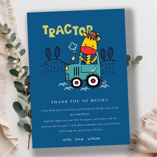 Bright Blue Giraffe In Farm Tractor Boys Birthday Thank You Card (Creator Uploaded)