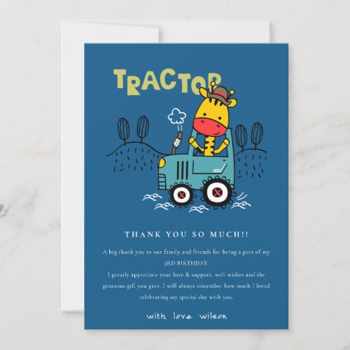 Bright Blue Giraffe In Farm Tractor Boys Birthday Thank You Card