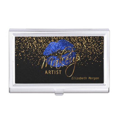 Bright Blue Glitter Lips and Gold Confetti Business Card Holder