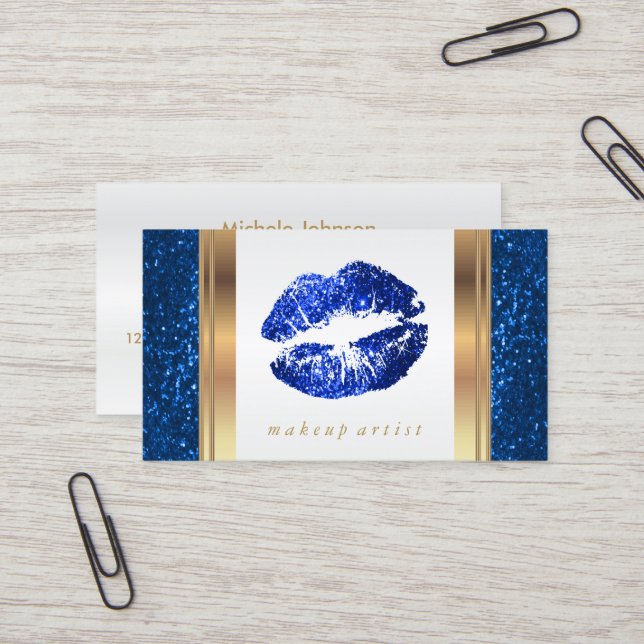 Bright Blue Glitter Lips on White Business Card (Front/Back In Situ)