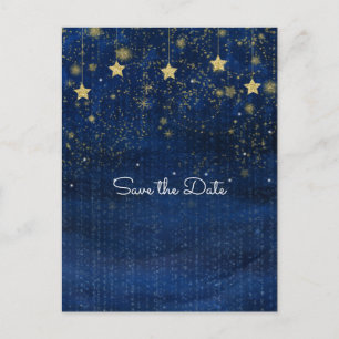 Bright Blue & Gold Starry Celestial Save the Date Announcement Postcard