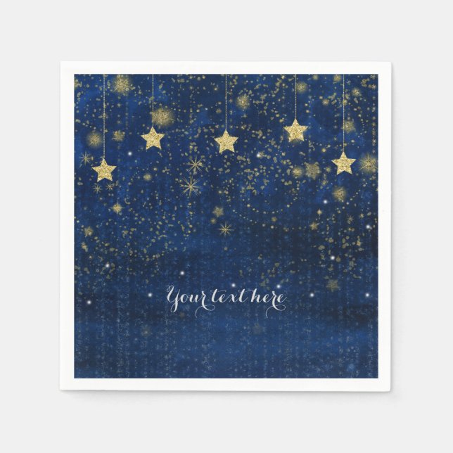 Bright Blue Gold Starry Celestial Whimsical Party Napkins (Front)