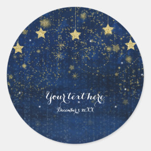Bright Blue & Gold Starry Night Celestial Favor Classic Round Sticker