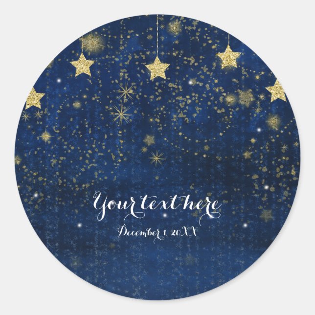 Bright Blue & Gold Starry Night Celestial Favor Classic Round Sticker (Front)
