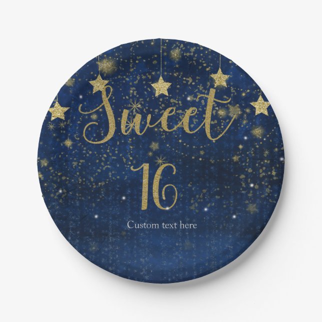 Bright Blue & Gold Starry Sweet 16 Party Paper Plates (Front)