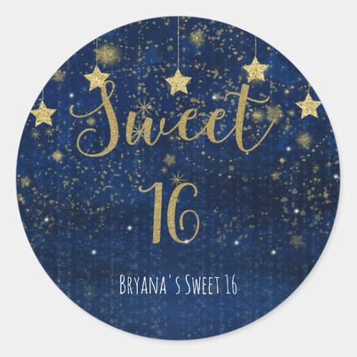 Bright Blue  Gold Stars Sweet 16 Party Favor Classic Round Sticker