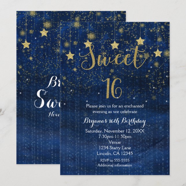 Bright Blue & Gold Stars Sweet 16 Party Invitation (Front/Back)