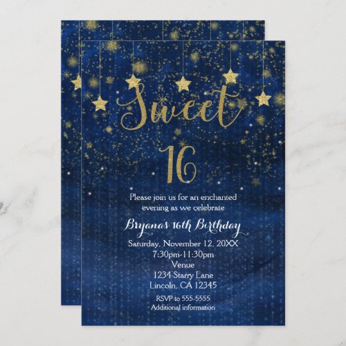 Bright Blue  Gold Stars Sweet 16 Party Invitation