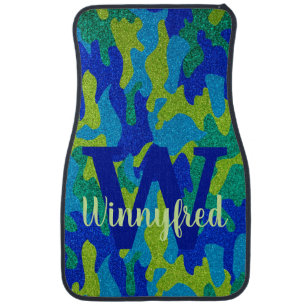 Bright Blue & Green Camouflage Glitter Camo Name Car Floor Mat