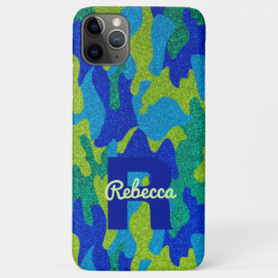 Bright Blue & Green Camouflage Glitter Camo Name iPhone 11 Pro Max Case