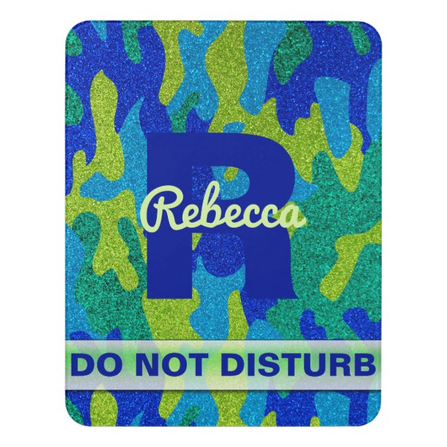 Bright Blue & Green Camouflage Glitter Camo Name Door Sign (Contemporary Vert)