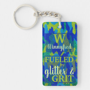 Bright Blue & Green Camouflage Glitter Camo Name Keychain