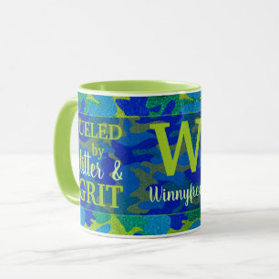Bright Blue & Green Camouflage Glitter Camo Name Mug