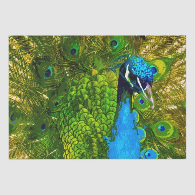 Bright Blue & Green Peacock Feathers Colorful Bird Tissue Paper (Front)