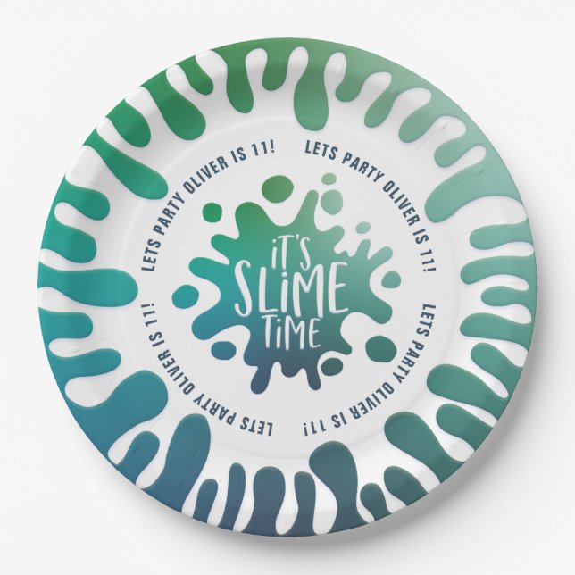 Bright blue + green rainbow slime party paper plates (Front)