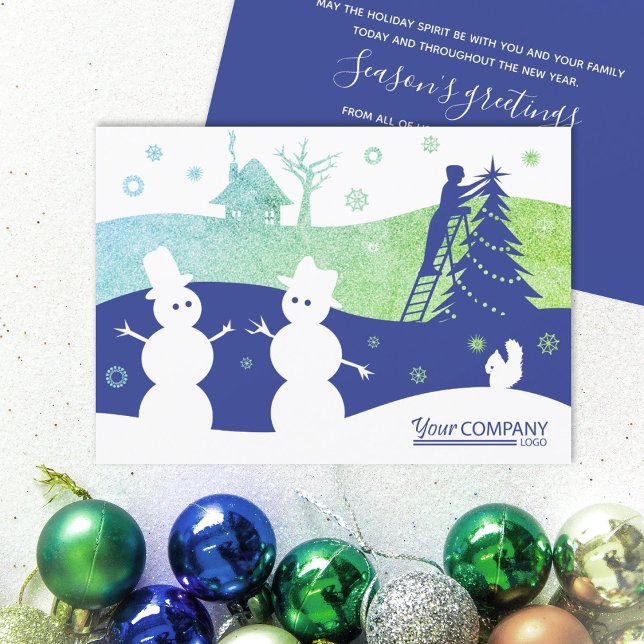 Bright Blue Green Snowmen Company Logo Invitation (bright blue green company business logo holiday christmas xmas greeting cards for clients employees)