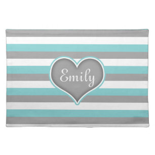 Bright Blue Grey White Stripes & Heart Cloth Placemat