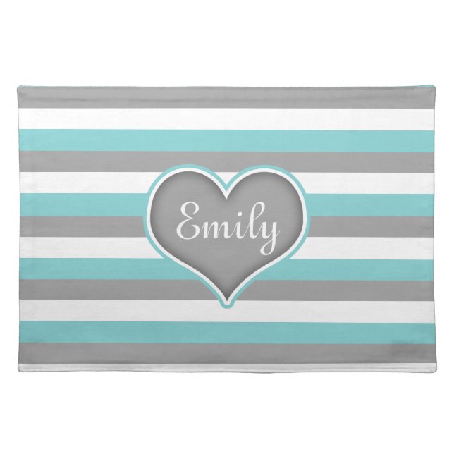 Bright Blue Grey White Stripes & Heart Cloth Placemat (Front)