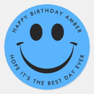 Bright Blue Happy Face Birthday Fun Classic Round Sticker