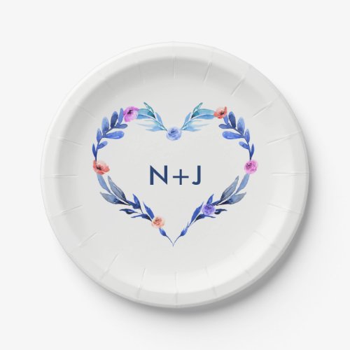 Bright Blue Heart Watercolor Flower Floral Modern Paper Plates