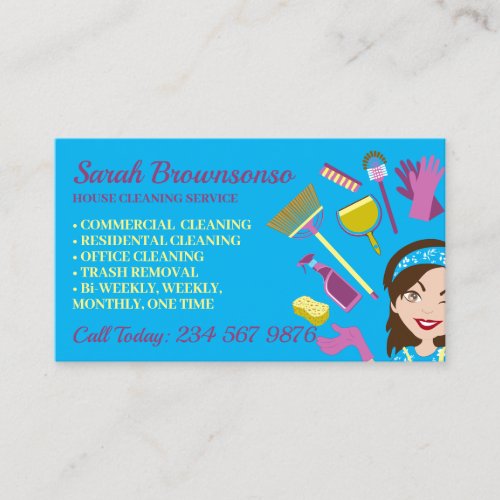 Bright Blue House Cleaning Janitorial Gloved Apron Business Card