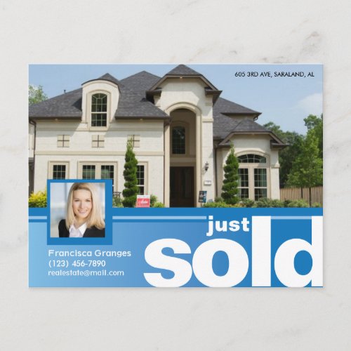 Bright blue Just sold real estate advert template Postcard