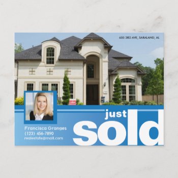 Bright Blue Just Sold Real Estate Advert Template Postcard by RusticVintage at Zazzle