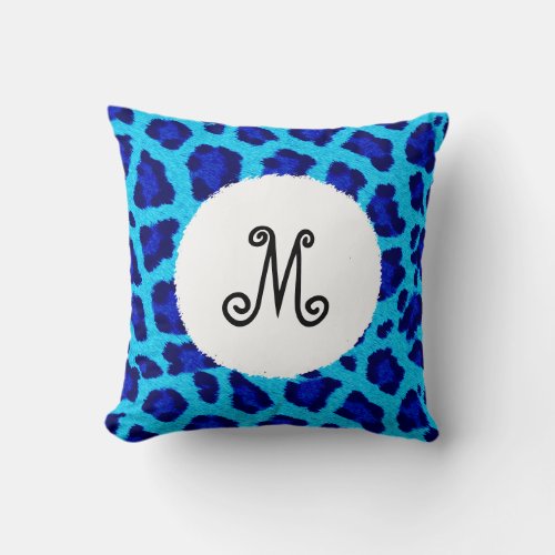 Bright Blue Leopard Print Monogram Throw Pillow