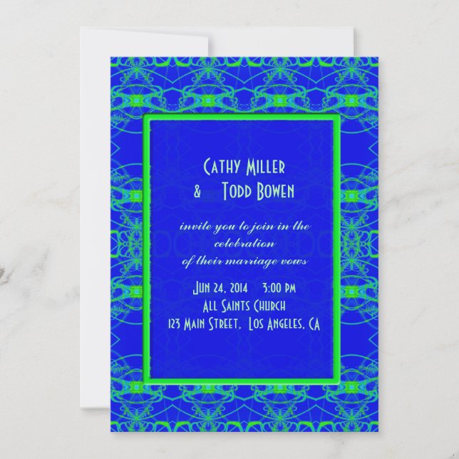 Bright blue Lime Green Pattern Wedding Invitation (Front)