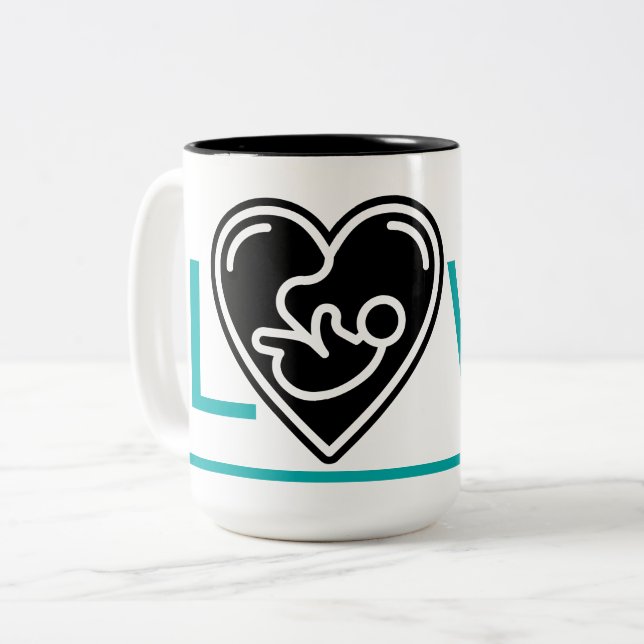 Bright blue love, black heart with baby, Two-Tone coffee mug (Front Left)