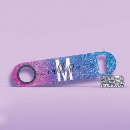 Bright Blue Magenta Sparkly Glitter Ombre Monogram Bar Key