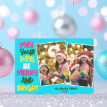 Bright Blue Merry Christmas Two Photo Collage Holiday Card<br><div class="desc">Cute and cheerful family photo collage holiday cards featuring a colorful strand of Christmas lights wrapped around your 2 favorite kids photographs. May Your Days Be Merry and Bright written in bold letters. A rainbow of colors for the holidays. Add your favorite two vertical pictures.</div>